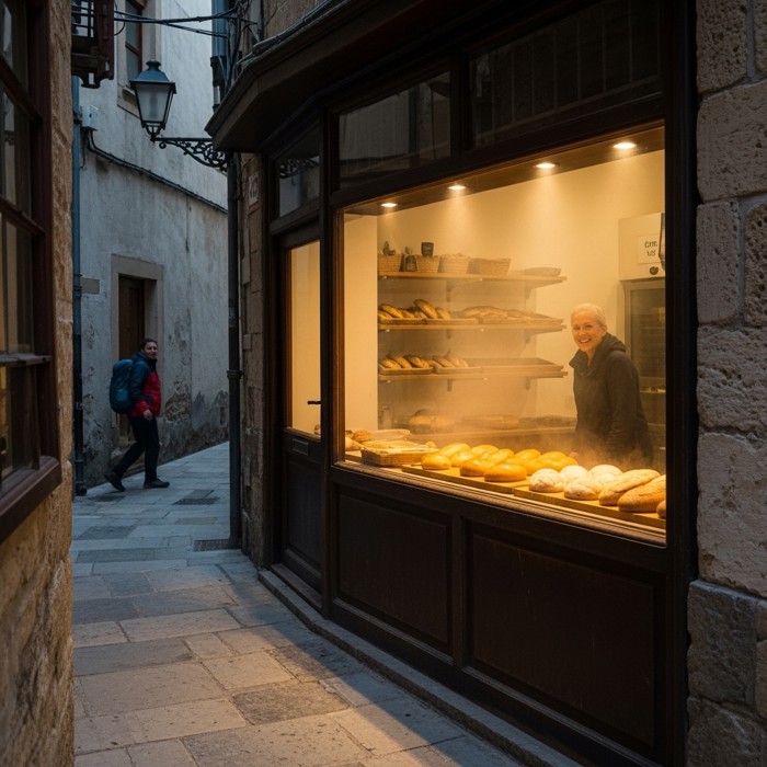 A narrow alley opening into a cozy bakery, warm golden bread in the window, steam rising, a traveler smiling at the doorway.