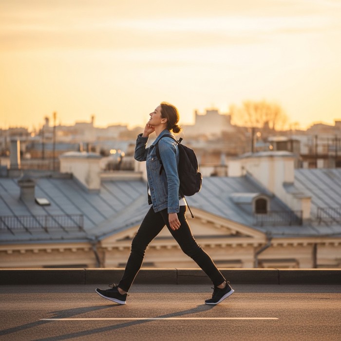 A traveler striding confidently down a street, chin up, a satisfied smile, city rooftops in the background at sunset.