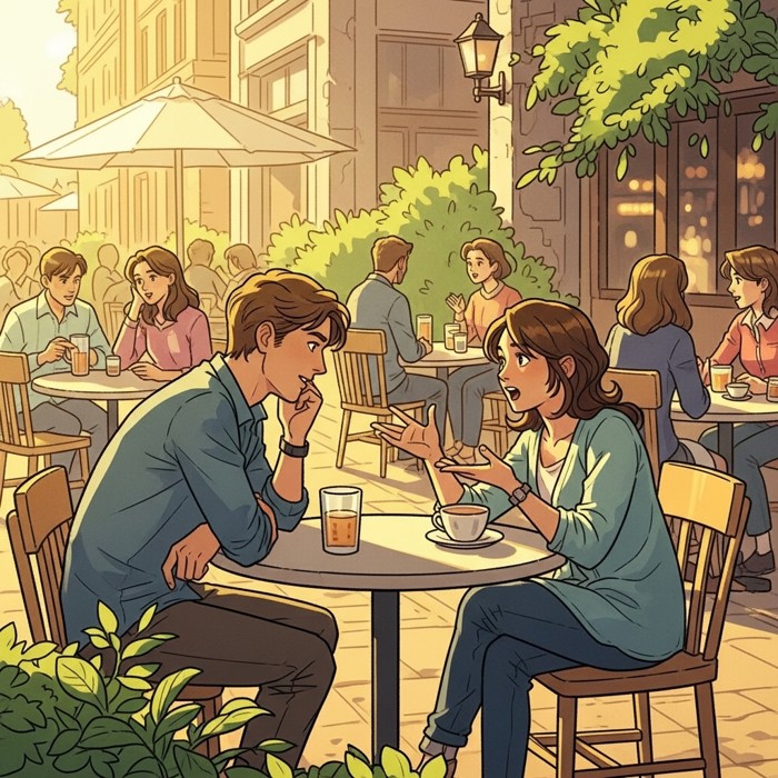 A traveler closely watching a local's hand gestures and facial expressions during a lively conversation at a sunny outdoor cafe.
