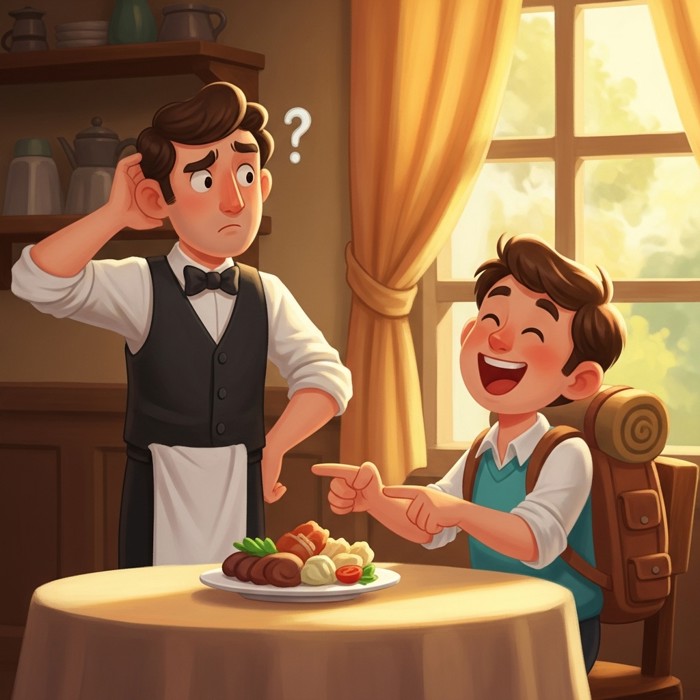 A waiter scratching his head with a confused expression while a laughing traveler points enthusiastically at a plate of food on a nearby table.