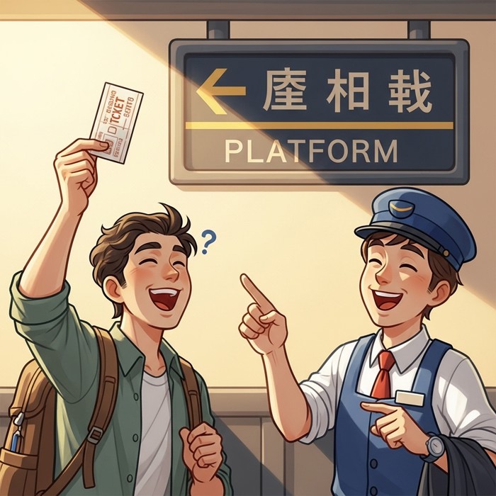 A traveler holding a train ticket upside down with a puzzled conductor pointing at the platform sign, both breaking into laughter.