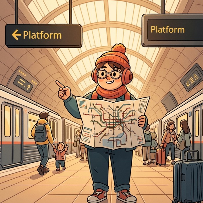 A traveler successfully reading a confusing subway map alone, pointing at the correct platform sign with a proud, confident smile.