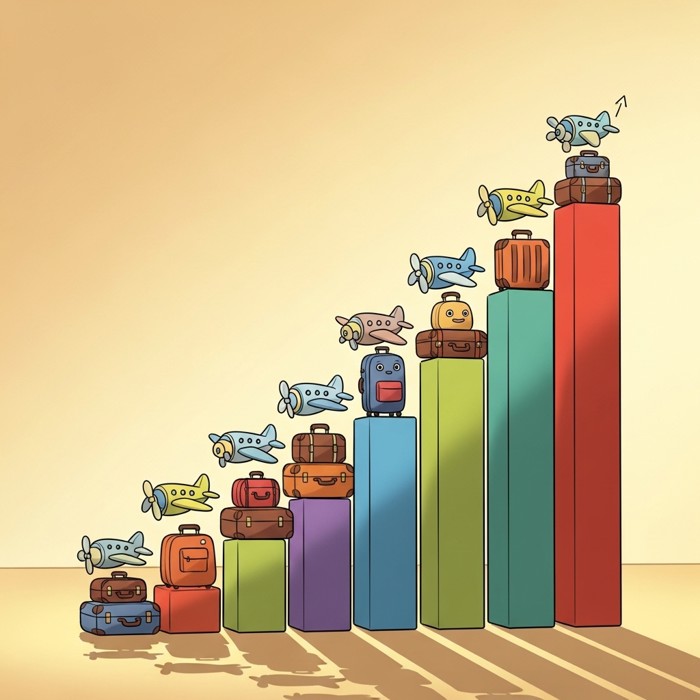 A colorful bar chart rising sharply upward, with small cartoon suitcases and airplanes stacked along each bar to show rapid growth.
