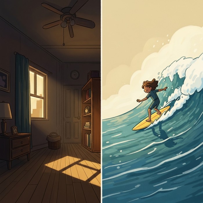 A split-screen illustration: on one side a dim empty room, on the other the same person joyfully surfing a bright ocean wave alone.
