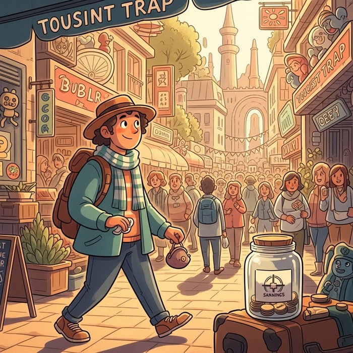 A confident traveler smiling while walking past a crowded tourist trap toward a quieter, better-value street, a small coin purse and savings jar nearby.
