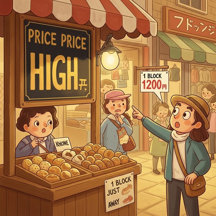 A street vendor's price board showing a very high price tag beside a much cheaper price sign visible on a shop just one block away, a tourist looking surprised.