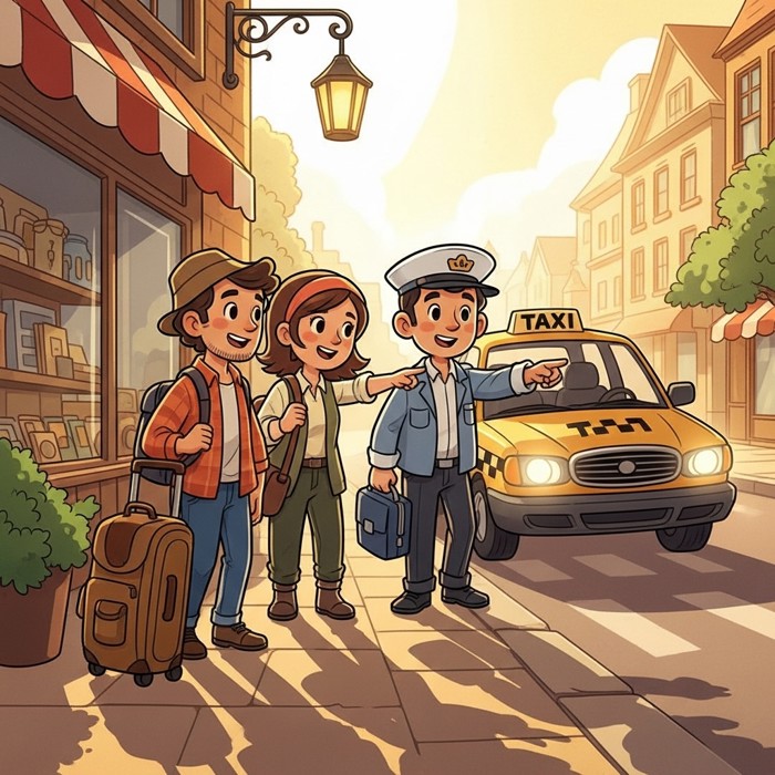 A friendly traveler chatting with a smiling shopkeeper and a taxi driver on a sunny sidewalk, both pointing down a street to share honest local tips.