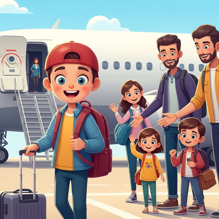 A traveler walking off a plane back home, suitcase in hand, greeting family with a brighter smile and more open, curious eyes than before the trip.