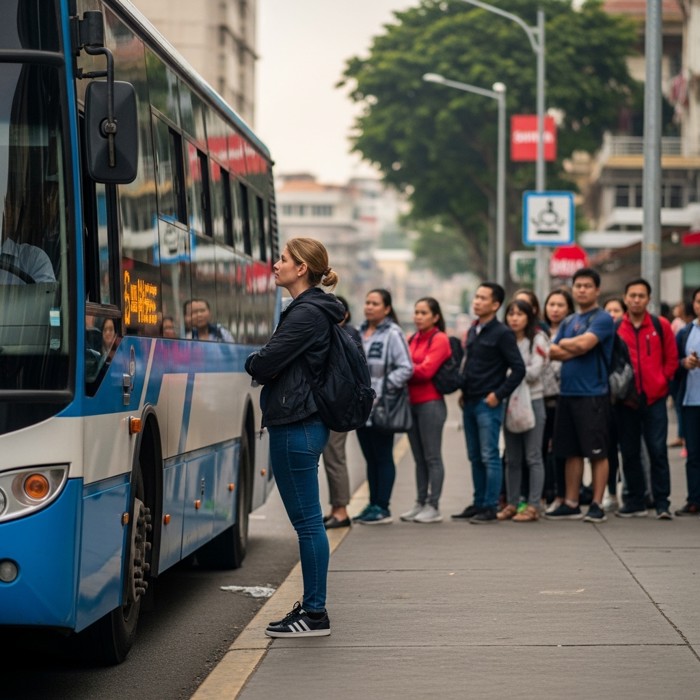 A traveler standing awkwardly in an orderly bus queue in a foreign city, watching locals line up in a completely different, informal pattern nearby.