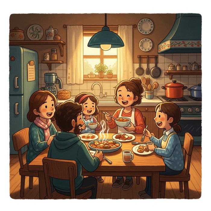 A traveler seated at a table with a local family, sharing a home-cooked meal, everyone laughing together despite different languages, warm kitchen light around them.