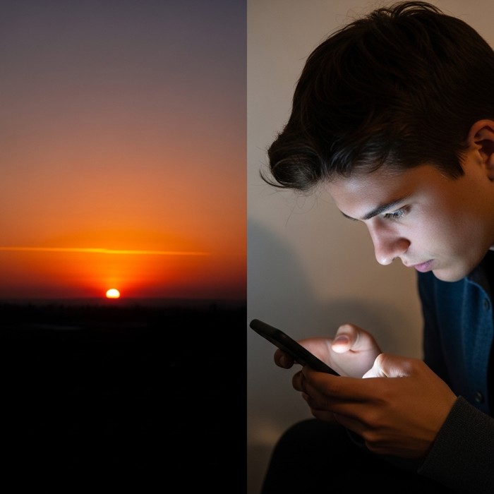 A split scene showing a person hunched over a phone applying photo filters while behind them, unnoticed, a brilliant orange and pink sunset fades into darkness.
