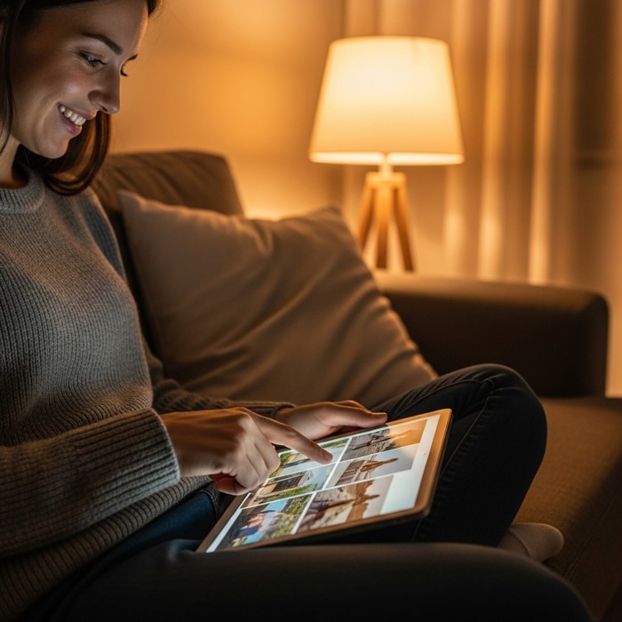 A person sitting on a cozy couch at home, smiling while scrolling through old vacation photos on a tablet, a warm lamp glowing beside them.