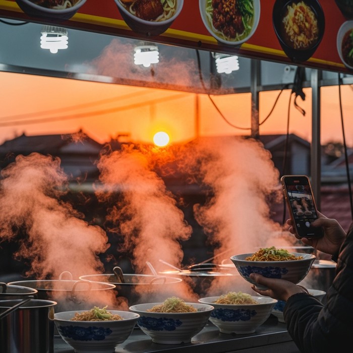 A colorful street food stall with steaming noodles, a hand holding a phone to photograph the dish, a fiery orange sunset glowing behind nearby rooftops.