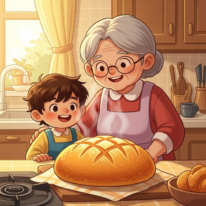 A cartoon golden loaf of freshly baked bread sitting on a kitchen counter, steam rising from it, with a grandmother and child smiling proudly beside it.