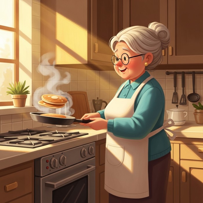 A cheerful cartoon grandmother in an apron standing at a stove, flipping pancakes, with a sunny kitchen and steam rising from the pan.