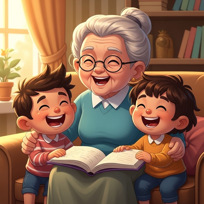 Two cartoon children laughing with big open smiles while an elderly grandmother laughs along with them, all seated together in a sunny living room.