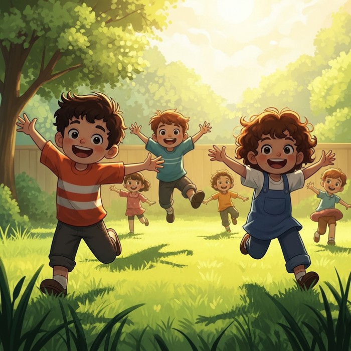 A cartoon scene of children running and jumping joyfully in a sunny backyard, green grass, big smiles, arms outstretched.
