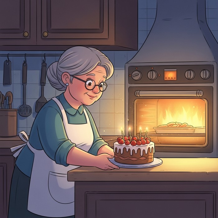 A cartoon grandma in an apron happily placing a decorated cake on a kitchen counter, warm oven glowing behind her.