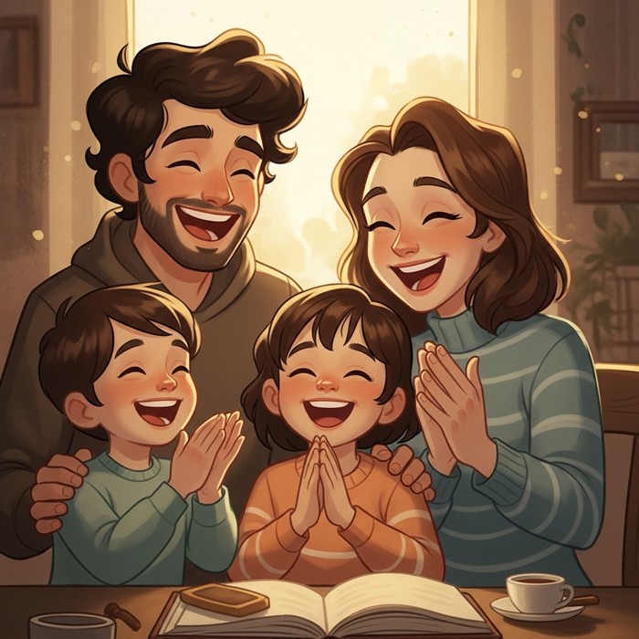 A cartoon scene of a happy family group laughing together, some clapping their hands, big smiles on every face.