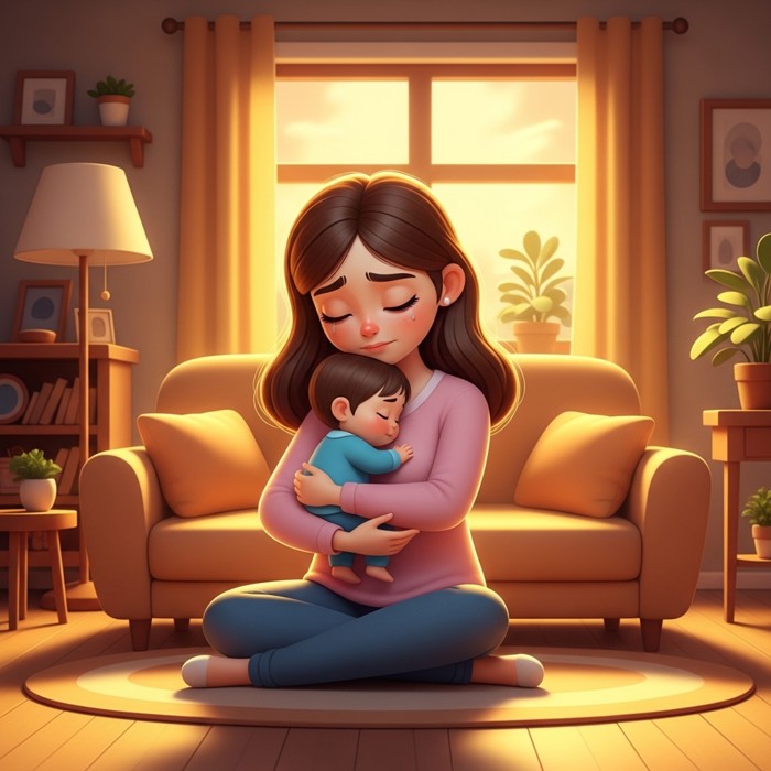 A cartoon mother gently holding a small child close to her chest, eyes soft and emotional, in a cozy living room with warm lighting.