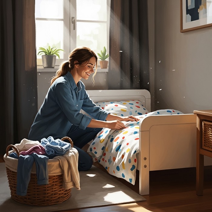 A cartoon mother neatly making a small bed with colorful sheets while a pile of clean clothes sits in a basket beside her, bright morning light through the window.