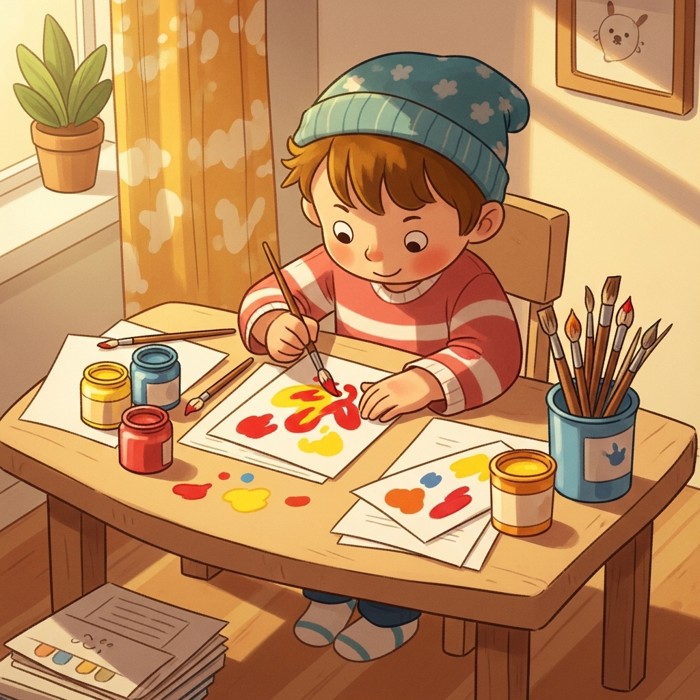 A cartoon child sitting at a small table, carefully painting a card with red and yellow colors, art supplies scattered around, focused and happy.