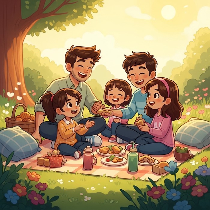 A cartoon family sitting on a picnic blanket in a sunny park, laughing and sharing food, surrounded by flowers and green grass.