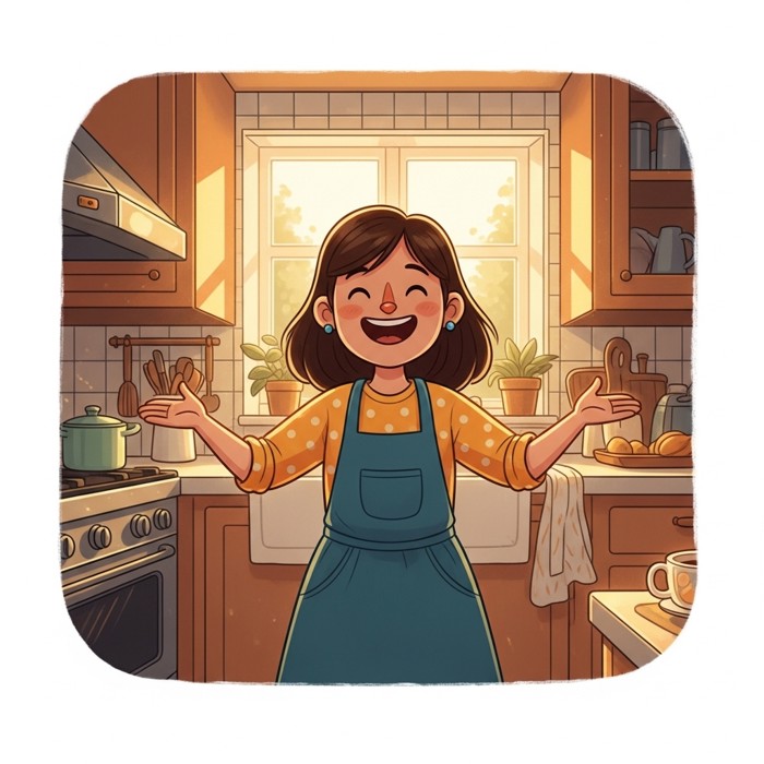 A cartoon mother with a wide, warm smile, arms open, standing in a bright sunny kitchen.