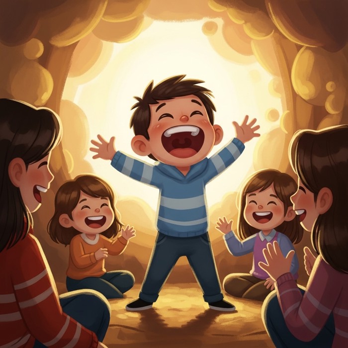 A cartoon boy laughing loudly with his mouth wide open, arms waving, making everyone around him giggle.