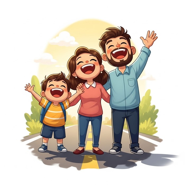 A cartoon family of three — child, mom, and dad — all laughing with big open smiles, heads tilted back, standing on a bright sunny road.