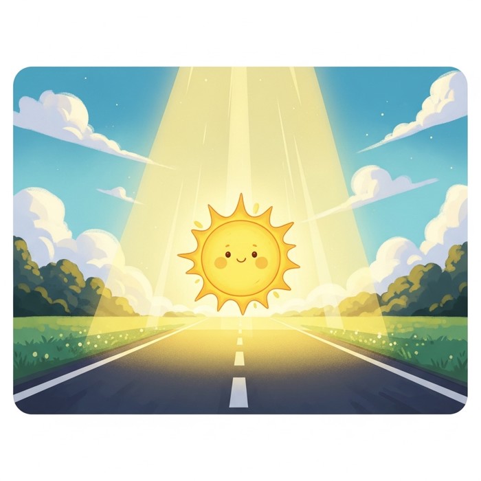 A bright cartoon sun with a cheerful face shining down on a wide open road with soft yellow light.