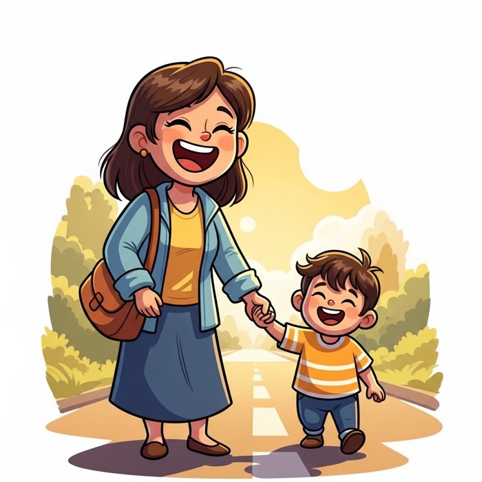 A cartoon mom laughing with a big smile, gently holding a child's hand as they walk along a sunny road.