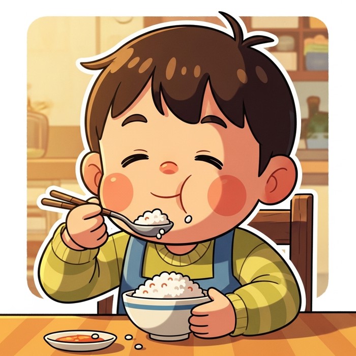 A cartoon child holding a spoon and happily eating the last bite of rice from an empty bowl, looking satisfied.