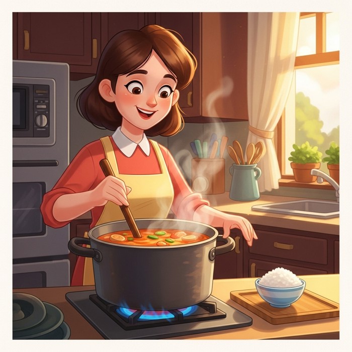 A cheerful cartoon mom stirring a big pot of soup on a stove, with a bowl of white rice on the counter beside her.