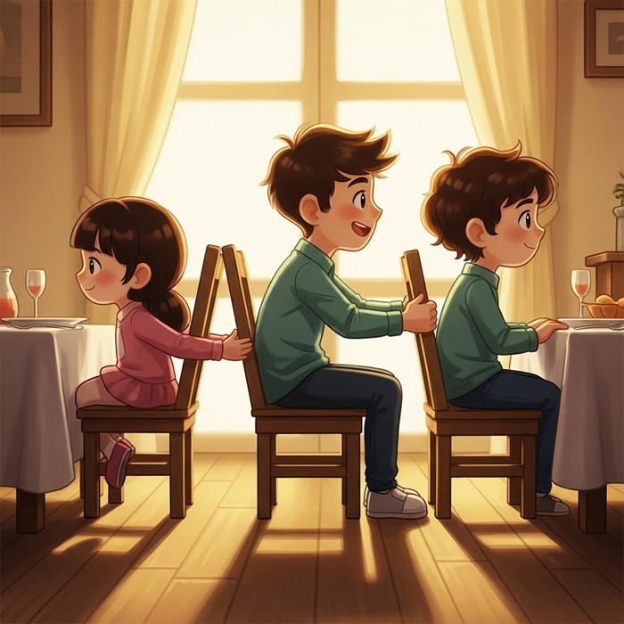 A cartoon family of three happily pulling out chairs and sitting down at the dinner table at the same time.