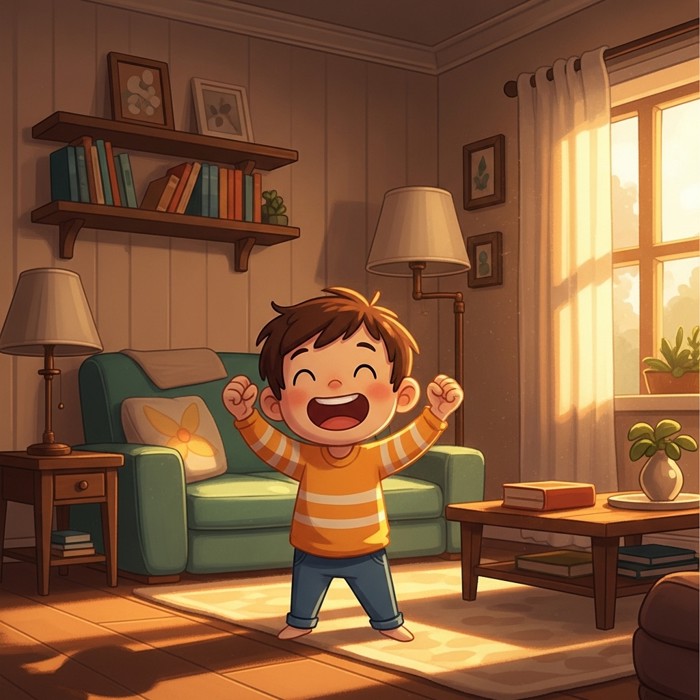 A cartoon child with a big proud smile, fists raised in the air, standing in a clean and tidy living room.