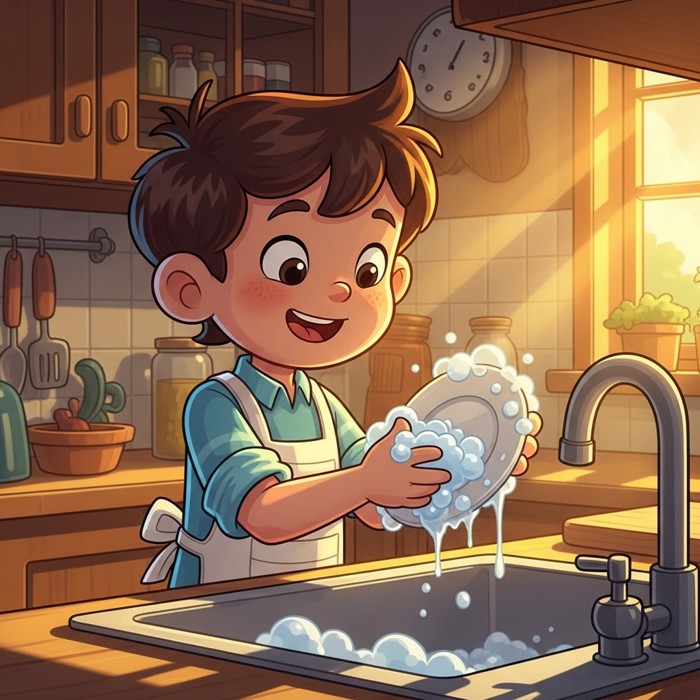 A cartoon child standing at a kitchen sink, scrubbing a plate with soapy water, looking happy.