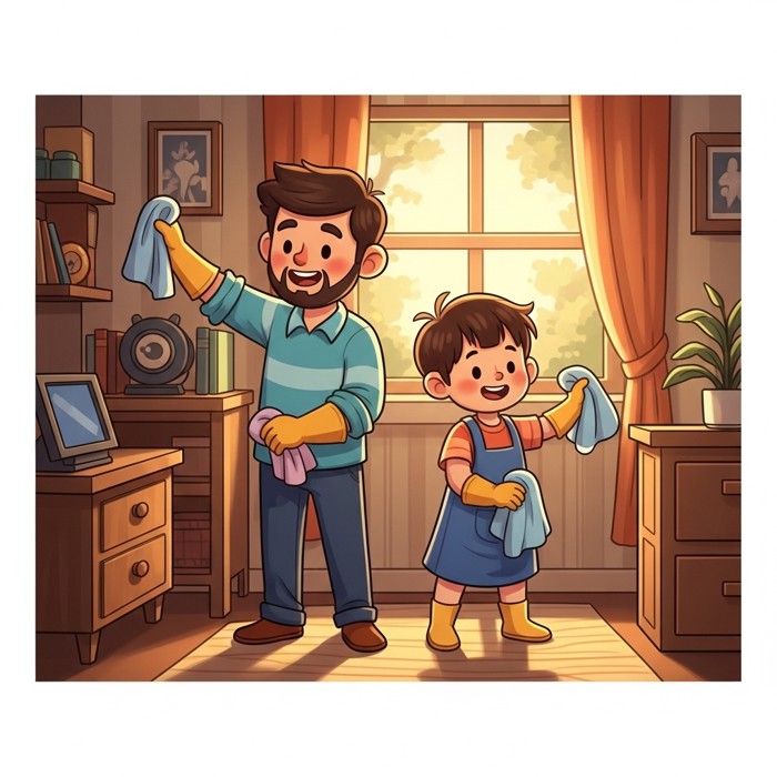 A cartoon dad and child side by side, each holding a cleaning cloth, smiling as they tidy a room together.