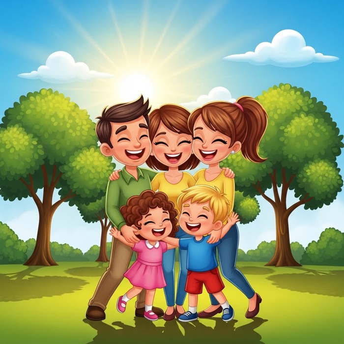 A joyful cartoon family hugging in a sunny park, all laughing, with green trees and a bright blue sky in the background.