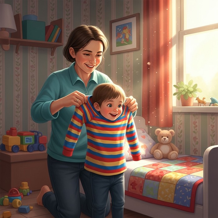 A cheerful parent holding up a colorful shirt and helping a small child get dressed in a bright bedroom.