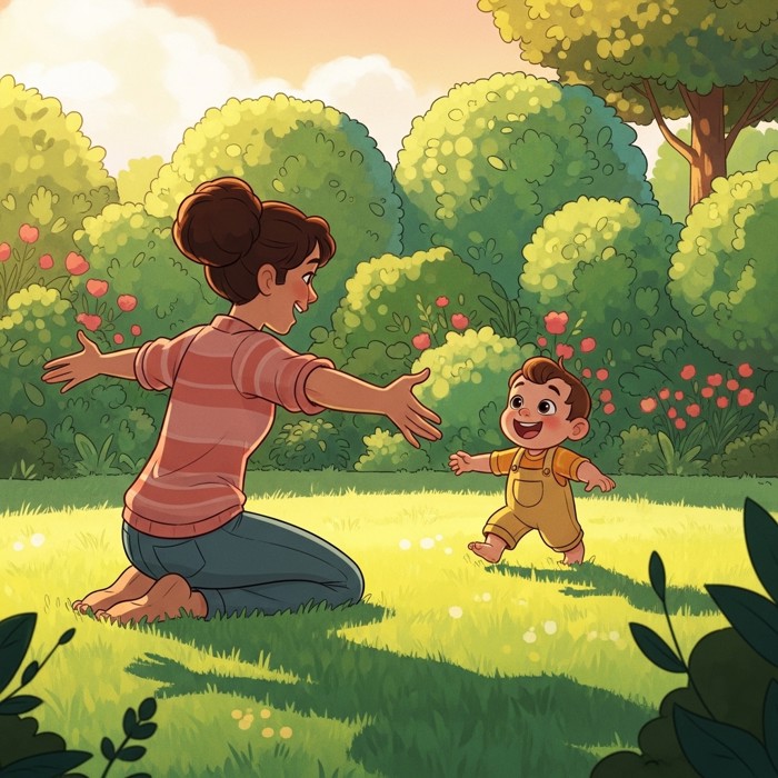 A parent kneeling on a grassy backyard, arms open, as a toddler takes wobbly first steps toward them with a big grin.