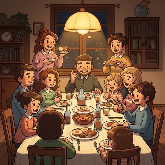 A cartoon family of ten seated around a large dinner table, sharing food and talking happily under warm lamplight.