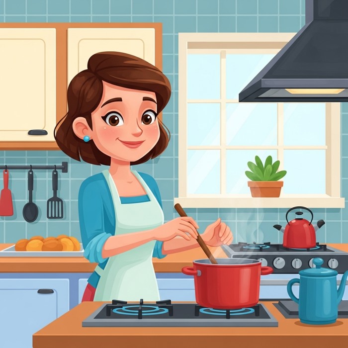A cheerful cartoon mother standing at a stove in a bright kitchen, stirring a pot and smiling warmly.