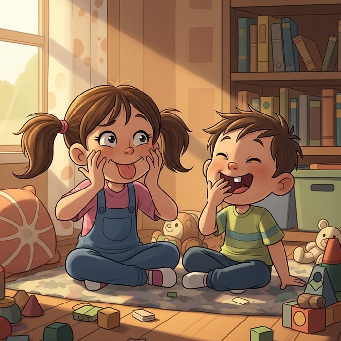 A cartoon girl making a silly face and laughing, with her sibling watching and giggling beside her.