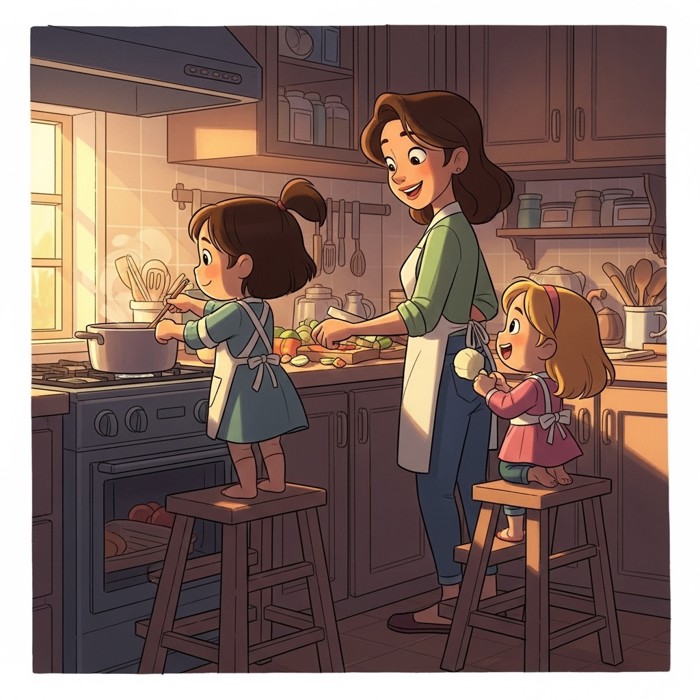 Two cartoon girls standing on step stools at a kitchen counter, helping a smiling mum stir a pot and chop vegetables, warm kitchen lighting.