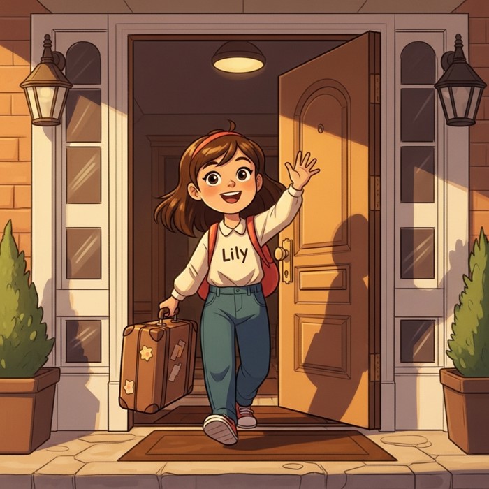 A cheerful cartoon girl named Lily arriving at a front door with a suitcase, smiling and waving, on a sunny afternoon.