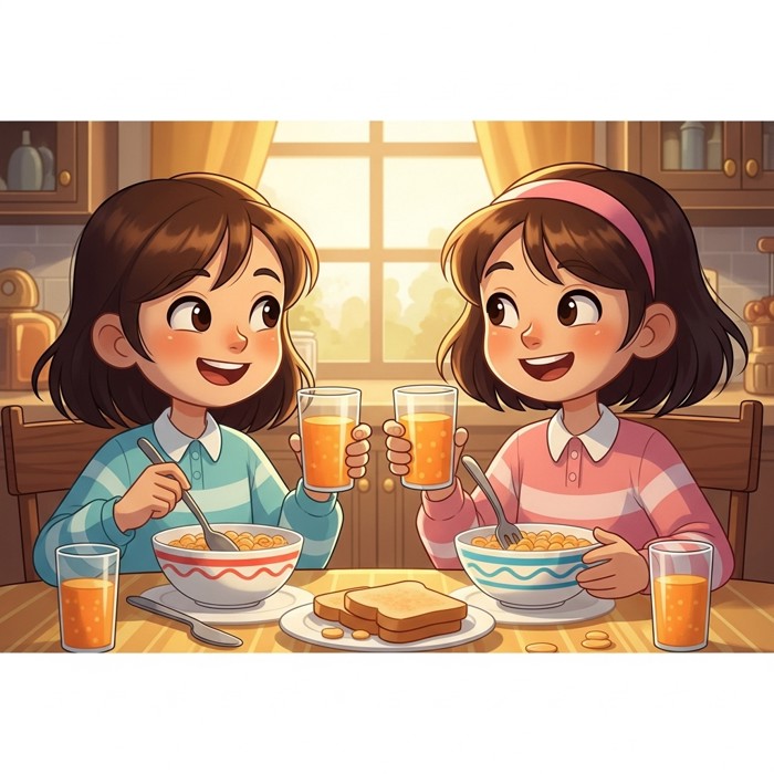 Two smiling cartoon girls sitting at a sunny kitchen table eating cereal and toast together, orange juice glasses in hand.