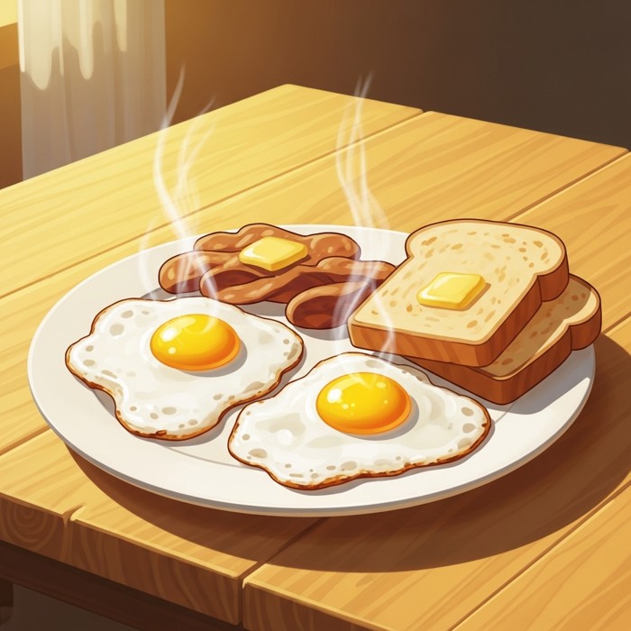 A cartoon plate of fried eggs and buttered bread on a bright breakfast table, steam rising gently from the food.