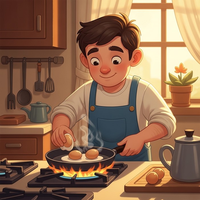 A cartoon man carefully placing eggs into a round frying pan on a stove, a gentle smile on his face.