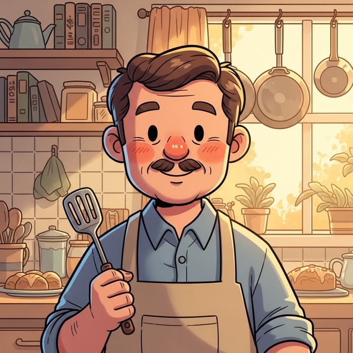 A close-up cartoon of a kind uncle smiling warmly in a cozy kitchen, holding a spatula.
